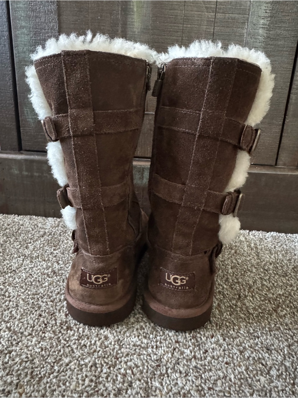 UGG Maddi Brown Leather Triple Buckle Mid-Calf Boots with Side Zipper - Size 3Y - Picture 3 of 10